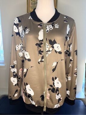 Wish Taupe Floral Satin Bomber Jacket with Black Trim